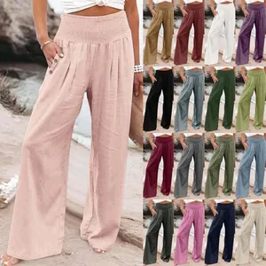 Detailed view of women's loose cotton linen wide-leg trousers available in multiple colors