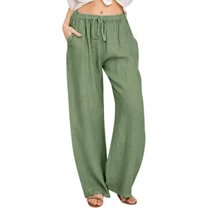 Detailansicht der locker sitzenden Damen-Leinenhose in Salbeigrün mit weitem Bein