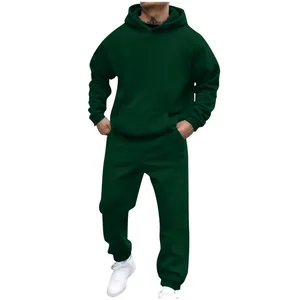 Conjunto completo de chándal de forro polar verde oscuro para hombre con capucha y pantalones