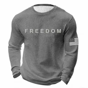 Gray waffle knit long sleeve crewneck sweatshirt for men featuring Freedom print