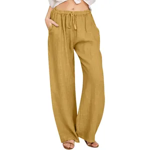 Lässige weite Leinenhose für Damen in Senfgelb mit verstellbarem Kordelzug-Bund