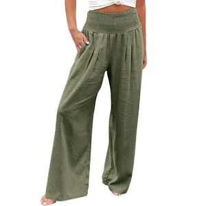 Women's high waisted wide leg cotton linen casual trousers in stylish olive green color