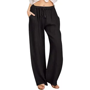 Lockere schwarze Baumwoll-Leinen-Hose mit weitem Bein und elastischem Kordelzug für Damen