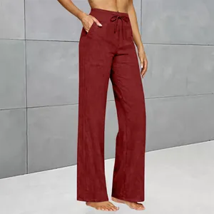 Women's high-waist wide-leg trousers in burgundy with drawstring waist and pockets.