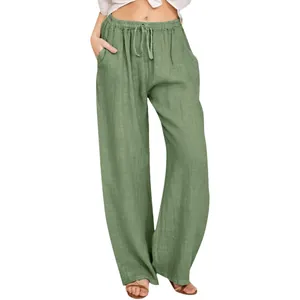 Salbeigrüne lockere Baumwoll-Leinen-Hose für Damen mit weitem Bein und Kordelzug