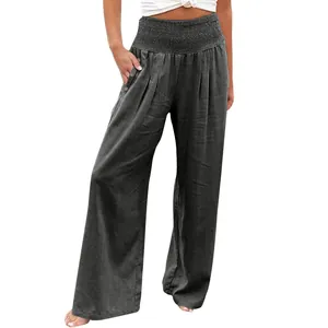 Women's casual dark grey wide leg cotton linen trousers with high smocked waist and pockets