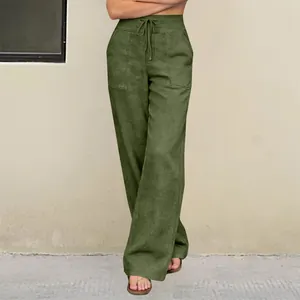 Detail view of olive green high-waist casual drawstring pants with side pockets for women