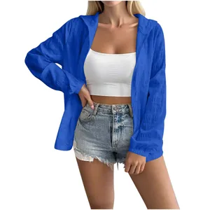 Detailed view of women's royal blue jacquard texture hooded sun protection jacket coat
