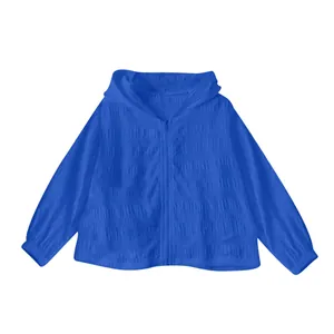 Detailed view of royal blue jacquard textured sun protection hooded jacket for women
