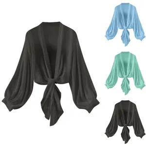 Lightweight chiffon sun protection blouse cardigan with lantern sleeves and tie-front