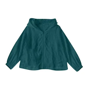 Women's dark teal hooded sun protection jacket with textured fabric and full-zip