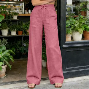 Casual high waisted wide leg yoga pants in pink with large pockets and drawstring waist