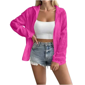 Women's pink long-sleeved jacquard sun protection cardigan with textured fabric design