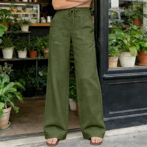 High waisted wide leg olive green casual pants with functional drawstring pockets