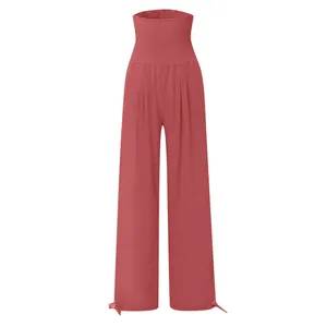 Pantaloni a gamba larga a vita alta arricciata in rosa antico, stile estivo casual