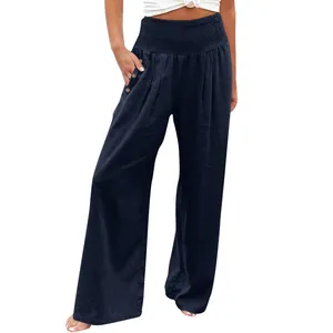 Women's casual navy blue wide leg cotton linen trousers with smocked high waist