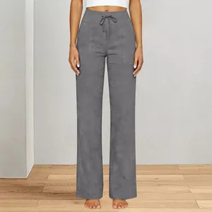 High-waisted grey straight-leg leisure pants with drawstring waist and front pockets detail.
