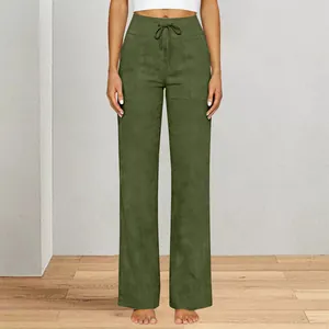Olive green high-waisted wide-leg trousers with drawstring and large front pockets