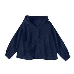 Detailed front view of navy blue hooded sun protection jacket with vertical pleated texture