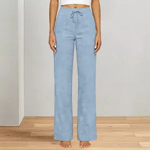 Full-length view of women's light blue high-waisted wide-leg pants with drawstring waist.