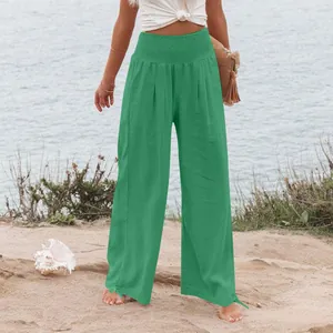 Pantaloni casual a gamba larga verdi a vita alta da donna con vestibilità ampia e leggera