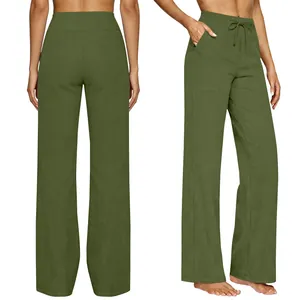 Front and back detail of olive green high waisted wide leg trousers with pockets.