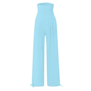 Pantaloni a gamba larga celeste a vita alta arricciata con dettaglio fiocco sull'orlo