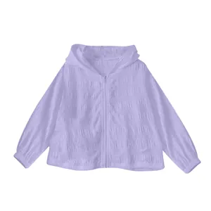 Detailed view of a lilac purple jacquard textured hooded sun protection jacket for women