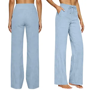 Front and back details of light blue high-waisted wide-leg trousers with drawstring.