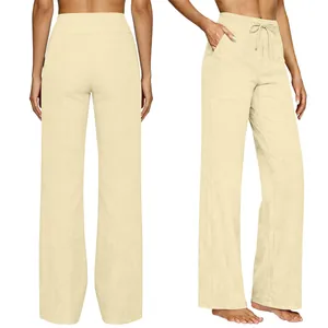 High waisted beige flared casual pants with drawstring and pockets, front and back view