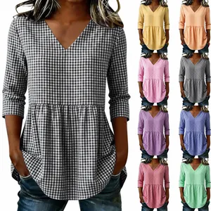 Women Cotton Linen Gingham V Neck Peplum Top Summer Casual 3/4 Sleeve Waist Cinching Ruffle Hem Blouse Plaid Shirt Top