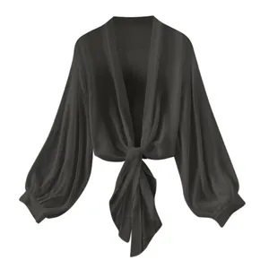 Elegant black chiffon sun protection blouse featuring a tie-front and lantern sleeves