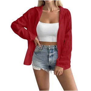 Vibrant red jacquard long sleeve sun protection jacket with hood for women outdoors