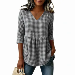 Casual women's V-neck gingham blouse with ruffled peplum waist for summer fashion