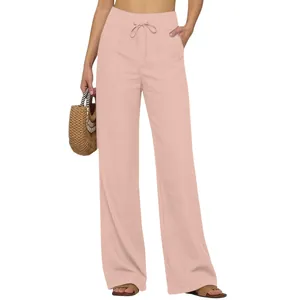 Comfortable high waist wide leg straight trousers in pink with drawstring and pockets