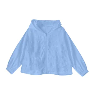 Light blue sun protection hooded jacket with detailed jacquard texture and front zipper.