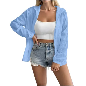 Light blue jacquard hooded sun protection jacket for women featuring long sleeves and zip front