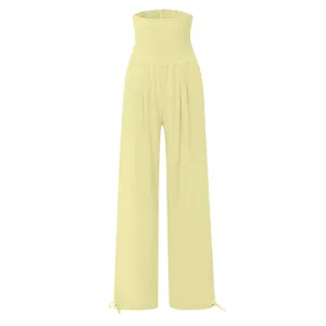Pantaloni gialli a gamba larga a vita alta con vita arricciata e coulisse