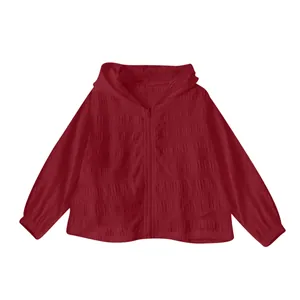 Maroon textured hooded zip-up sun-protective jacket with jacquard pattern for women