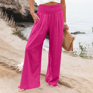 Pantaloni estivi fucsia a gamba larga e vita alta per donna, stile casual da spiaggia