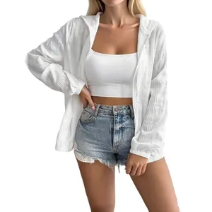 White jacquard sun protection jacket with hood and long sleeves for women.
