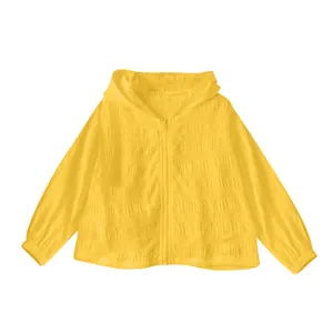 Detailed view of a yellow jacquard hooded sun protection jacket for women with zipper