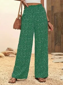 Pantalon large à fleurs vertes taille haute pour tenue d'été décontractée