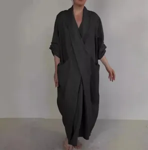 Oversized loose-fit V-neck maxi robe dress with large functional pockets in solid black