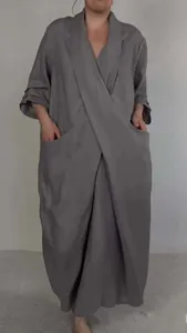 Full view of casual grey V-neck maxi robe dress with large functional pockets