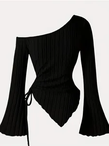 Asymmetrical black one-shoulder top with flared sleeves and ribbed texture detail.