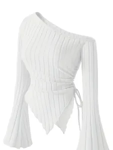 Detail view of white one-shoulder ribbed top with elegant flared sleeves and side tie.
