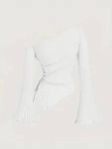 Detailed view of white one-shoulder ribbed top featuring elegant flared bell sleeves