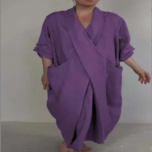 Loose-fitting oversized purple V-neck bathrobe dress with functional large front pockets