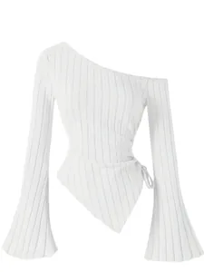Elegant white ribbed one-shoulder top featuring asymmetrical hem and flare bell sleeves
